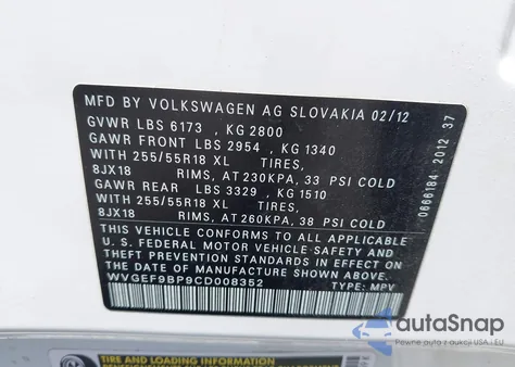 2012 Volkswagen Touareg Vr6 Sport из США, поврежденный, VIN WVGEF9BP9CD008352